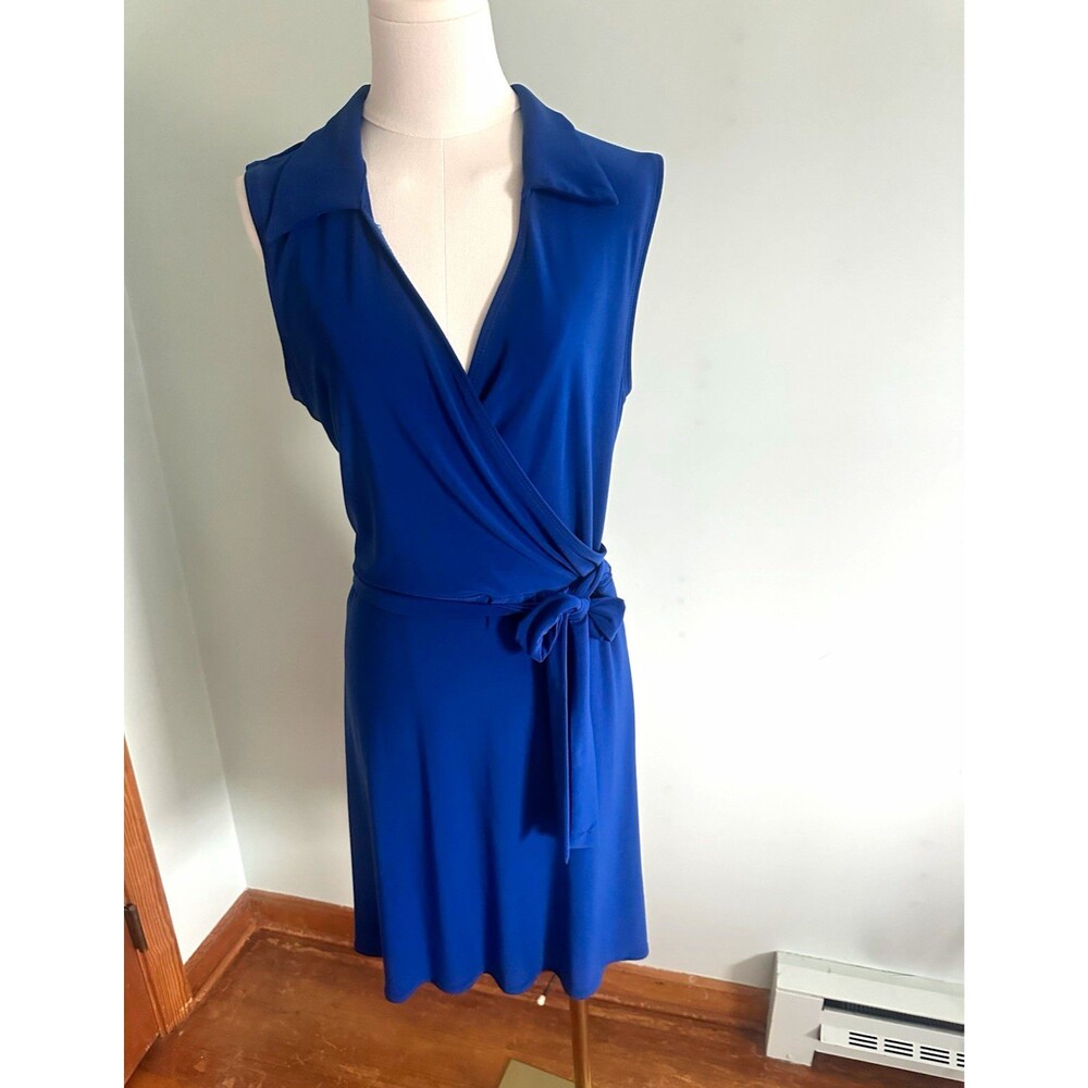 Star Vixen Blue Solid V-Neck Sleeveless Wrap Dress Tie Waist Knee Length L